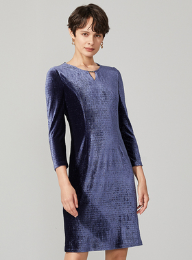 商场同款皮尔卡丹女装赫本风丝绒休闲长袖蓝色连衣裙P94DL26L0