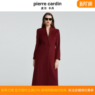 商务毛呢大衣P4452C4995T0 保暖外套时尚 皮尔卡丹女装 酒红色中长款