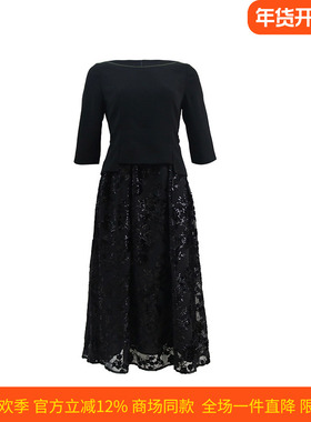 皮尔卡丹女装连衣裙黑色蕾丝拼接假两件通勤长裙C42DL23B0
