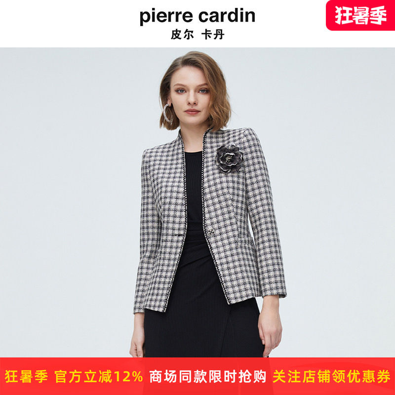 皮尔卡丹女装秋季新款香风粗花格子职场西装通勤上衣P4111U4049B3