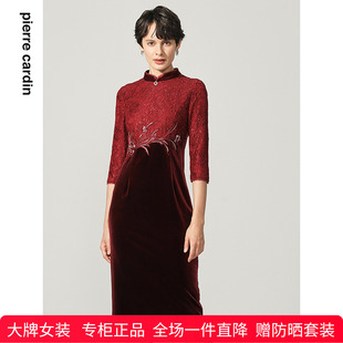 皮尔卡丹女装 酒红色蕾丝拼接连衣裙一步裙P94DL32T0 冬季 新款