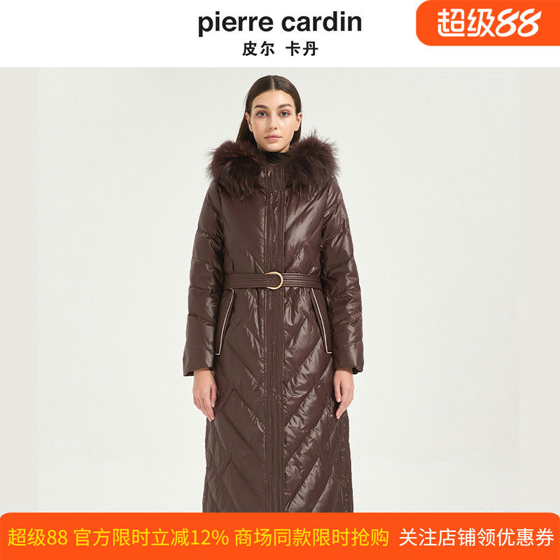 皮尔卡丹女装中长款时尚光面连帽貉子毛领高端羽绒服CD54YL007K0