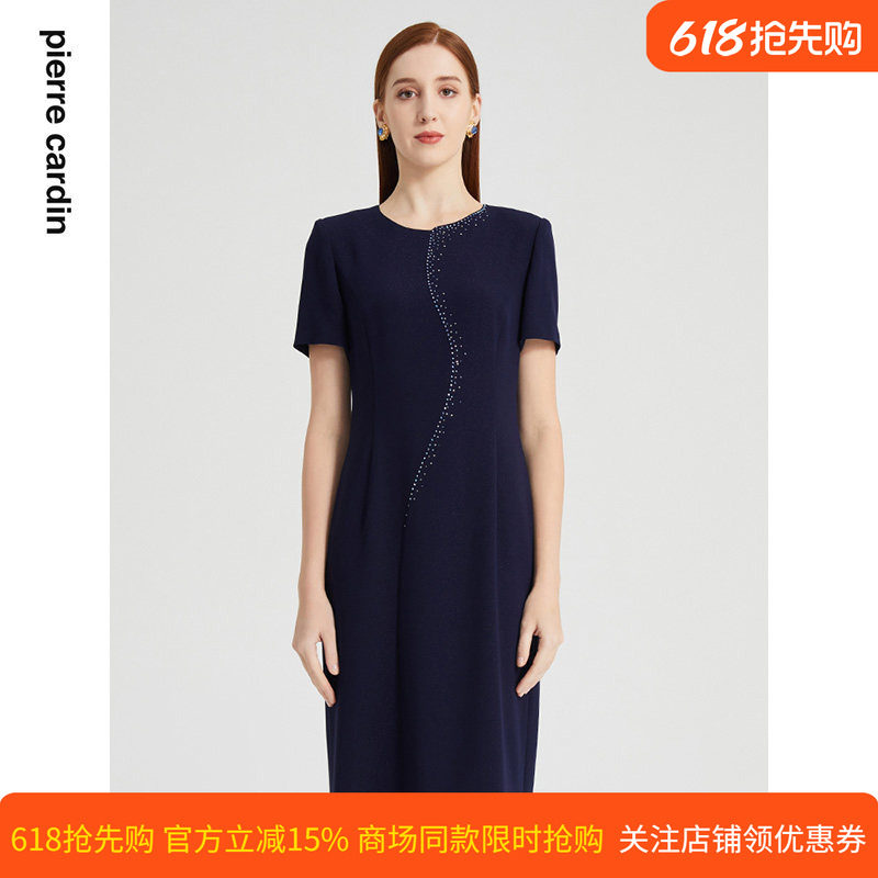 商场同款皮尔卡丹女装连衣裙法式高级感三醋纤短袖通勤裙子