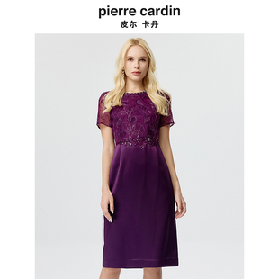 皮尔卡丹女装连衣裙夏季短袖蕾丝刺绣宴会紫色礼服裙P3223D3073Z2