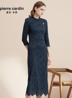 皮尔卡丹女装长款蕾丝连衣裙新品