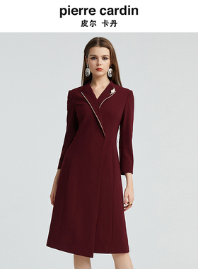 皮尔卡丹女装秋季新款长袖戗驳领酒红色端庄连衣裙P4344E4976T0