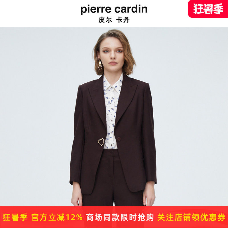 皮尔卡丹女装秋季新款咖色羊毛西装外套商务通勤西服P4101U3960K1