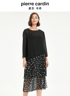 皮尔卡丹女装夏季新款黑色圆领假两件层次感浪漫连衣裙CD2DL034