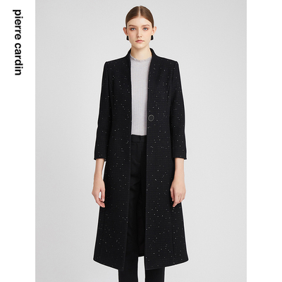 商场同款皮尔卡丹女装大衣秋冬黑色长款高级感通勤羊毛呢外套