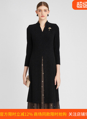 皮尔卡丹女装秋季新款小立领假两件西服式拼接连衣裙P3112E2846B0