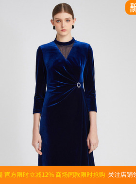 商场同款皮尔卡丹女装秋新款复古典雅丝绒长袖连衣裙P2320E2984L0