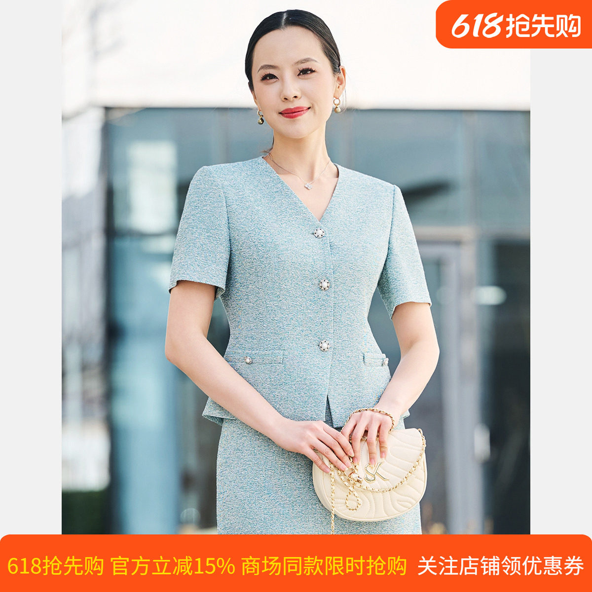 皮尔卡丹女26夏新款绿色短袖薄款通勤气质西服上衣P52055L5010G0