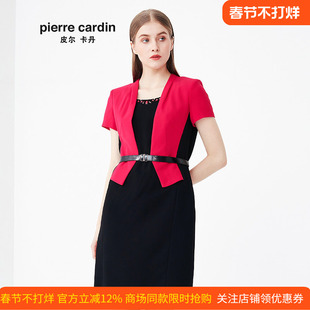 皮尔卡丹女装夏季新款黑红色假两件连衣裙时尚短袖AB配裙子女