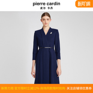 皮尔卡丹女装 加厚羊毛裙A字裙V领收腰连衣裙P2410E2880N0 秋冬新款