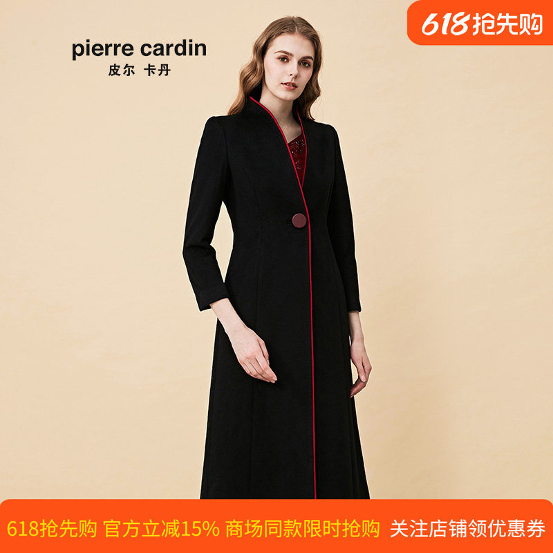 商场同款皮尔卡丹女装大衣黑色立领高级感羊绒呢子大衣外套