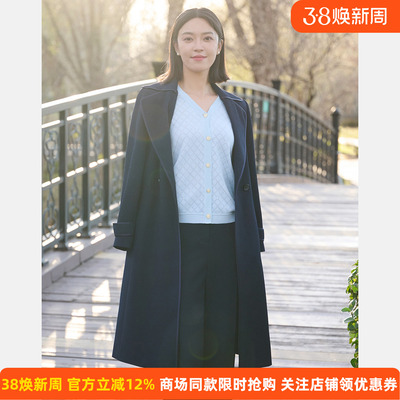 皮尔卡丹女装藏蓝商务通勤长风衣