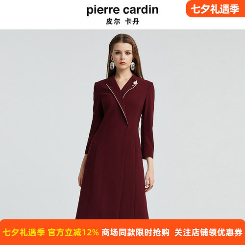 皮尔卡丹女装秋季新款长袖戗驳领酒红色端庄连衣裙P4344E4976T0