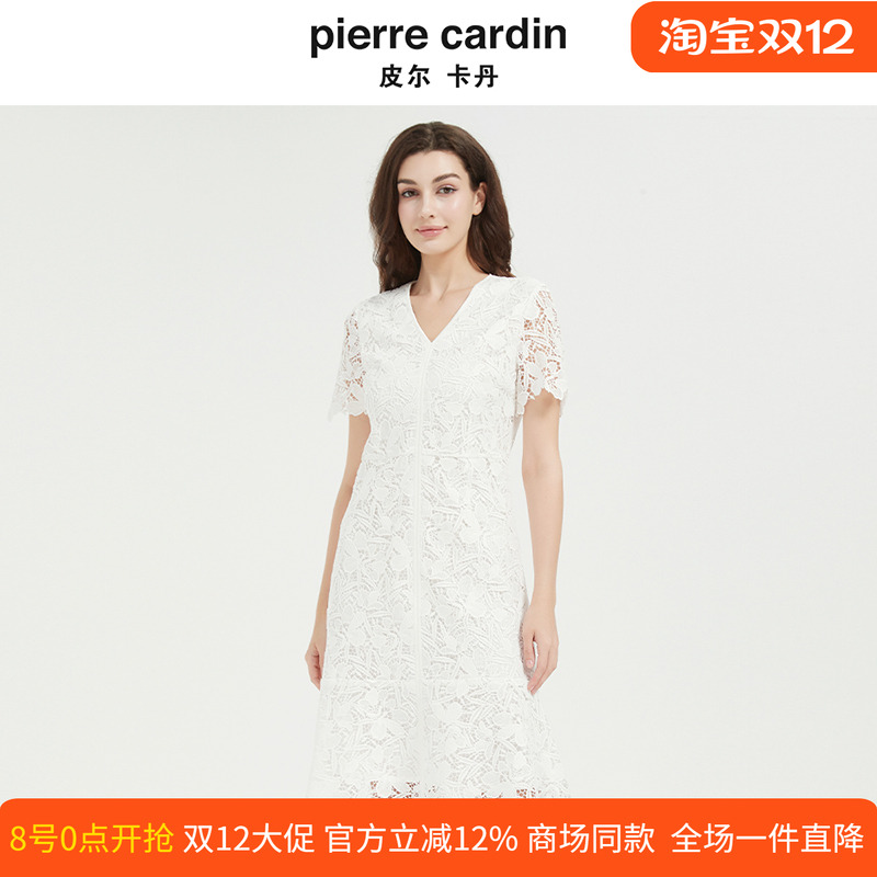 皮尔卡丹女夏季新款浪漫白色水溶蕾丝钩花短袖V领千金气质连衣裙