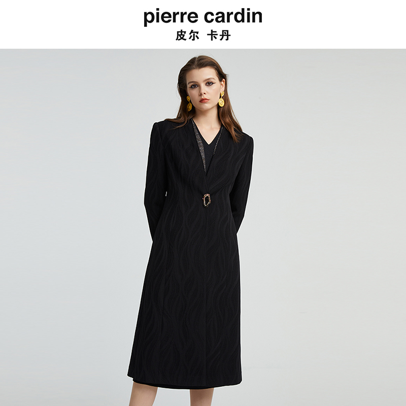 皮尔卡丹女秋季新款黑色中长款长袖风衣时尚气质外套P4355G4997B0