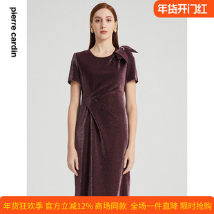 商场同款皮尔卡丹女装连衣裙淑女优雅修身亮丝宴会礼服裙