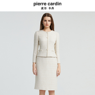 皮尔卡丹女秋新款 浅驼色假两件小香风气质优雅连衣裙P4342E4015M0