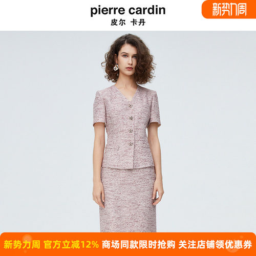 皮尔卡丹女装红花色单排扣短袖女上衣V领小外套P4245L3027R3