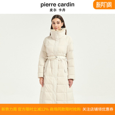 皮尔卡丹女装冬新款白色中长款收腰立领貉子毛领羽绒服CD54YL014