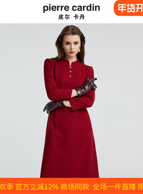 皮尔卡丹女装酒红色绵羊毛长袖小V领收腰显瘦连衣裙P4318E4915T0