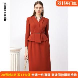 商场同款皮尔卡丹女装连衣裙秋季淑女拼接领通勤假两件连衣裙