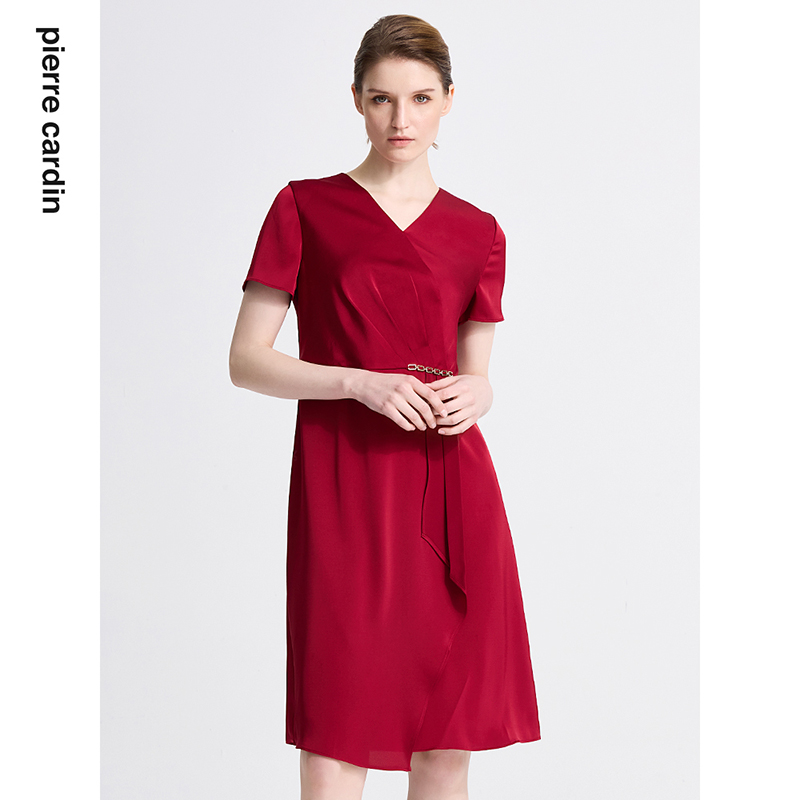 商场同款皮尔卡丹女装春季新款短袖V领藏蓝色红色气质连衣裙
