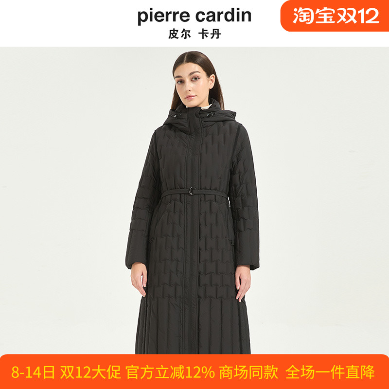 皮尔卡丹女冬季新款格状中长款连帽收腰保暖鸭绒羽绒服CD54YL011