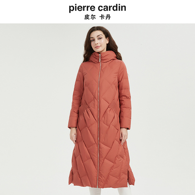 皮尔卡丹女装新款时尚简约通勤连帽长款羽绒服 商场同款