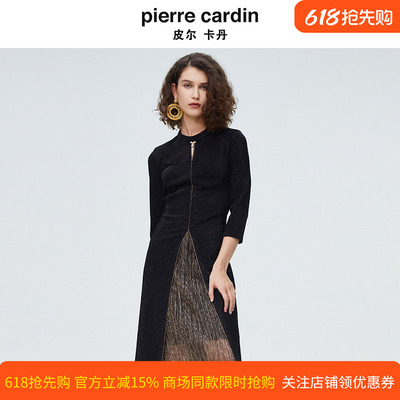 皮尔卡丹女装秋季新款长袖黑色圆领拼接小众连衣裙P4123E4071B0