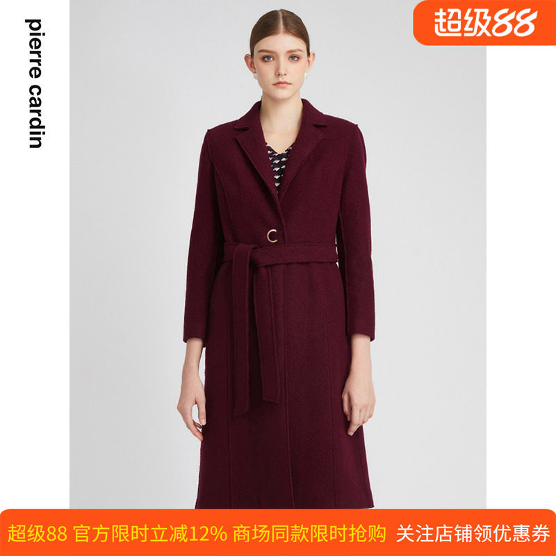 商场同款皮尔卡丹女装毛呢外套酒红色加厚保暖羊毛呢时尚大衣