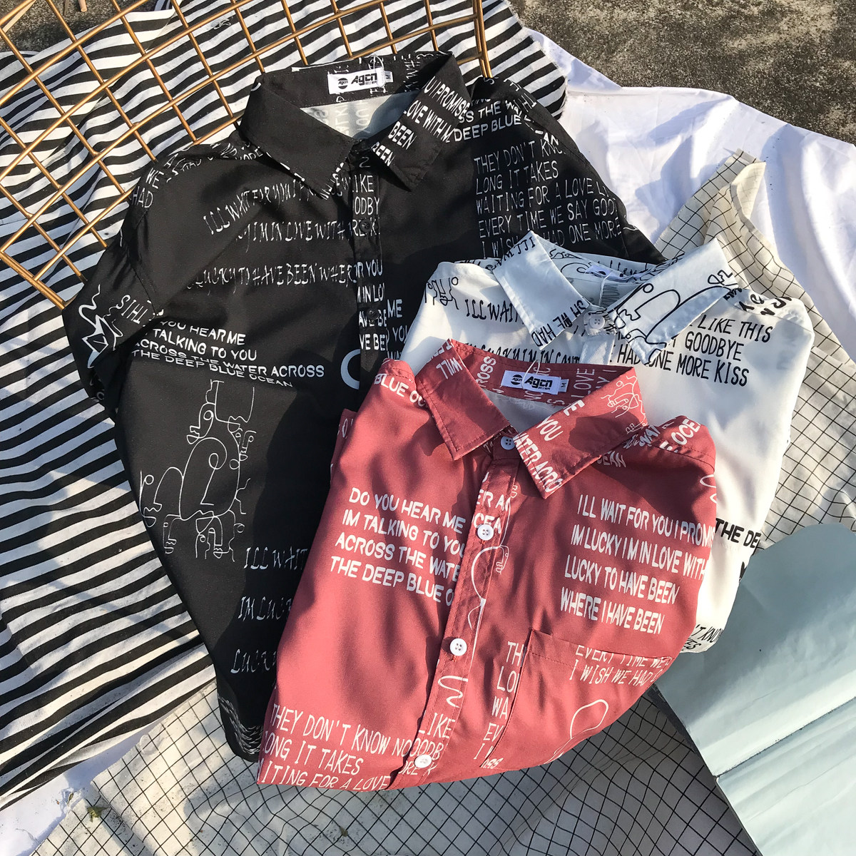 XZ216-0301-P58 19年春装新款翻领个性字母衬衫 黑白红【原A452】图片