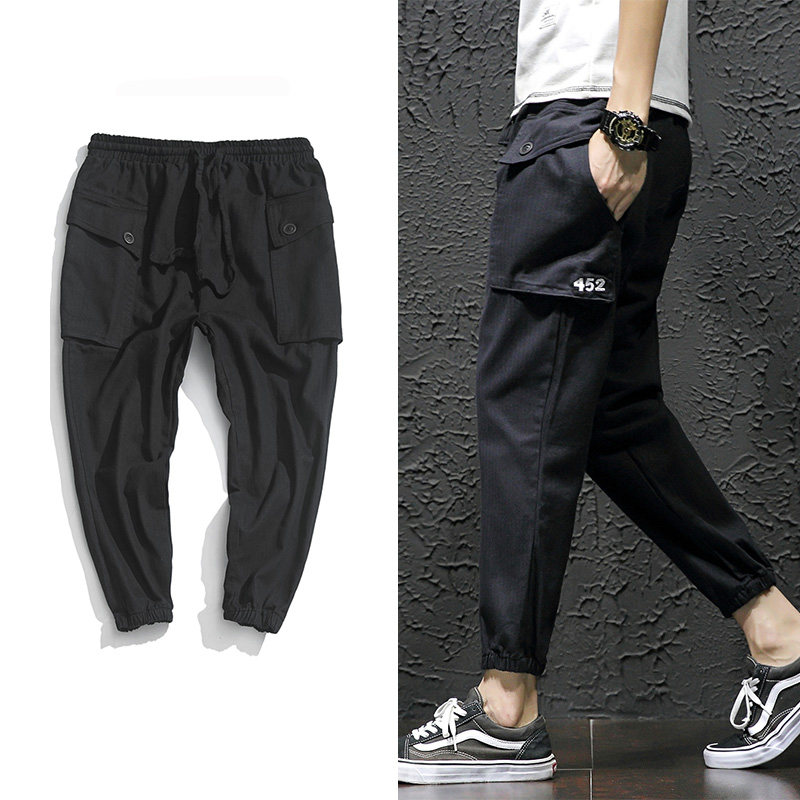 XZ216-K02-F55【M-5XL】纯棉3色2018男士休闲工装裤日系束脚裤 黑图片