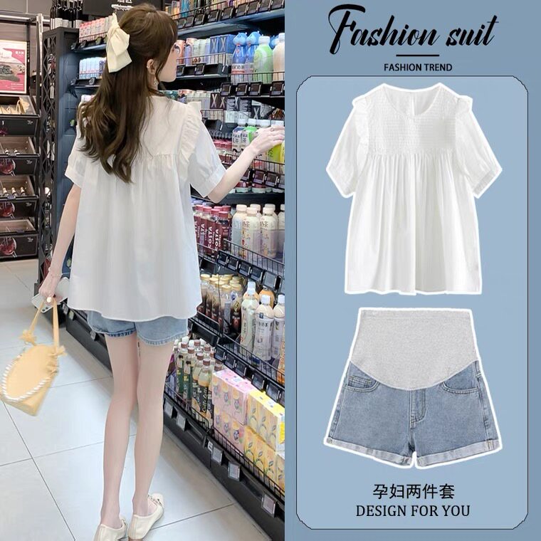 极速孕妇装夏装套装20q25新款外出时尚夏季上衣短袖娃娃衬衫短裤