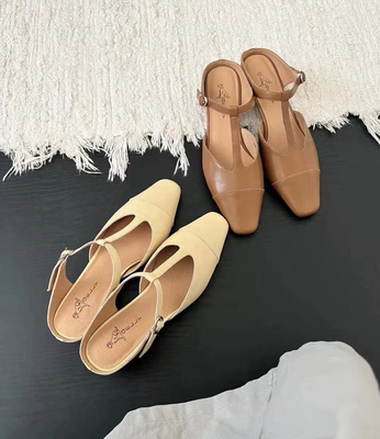 gelly法式粗跟半拖鞋女外穿2025年新款浅口一脚蹬包头中跟T带凉鞋