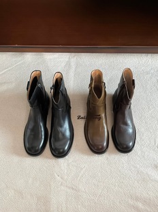 zachpeng马丁靴女中筒瘦瘦靴2025年复古英伦风粗跟侧拉链黑色短靴