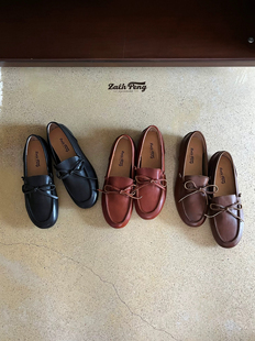 zachpeng真皮平底乐福鞋女2024新款手工做旧蝴蝶结棕色小皮鞋单鞋