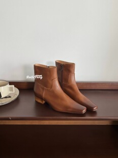 ZACHPENG真皮法式气质方头韩系小踝靴2025年百搭瘦瘦靴平底切尔西