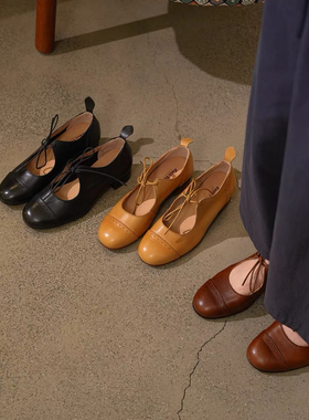 ZACH PENG玛丽珍鞋女新款复古鞋子小众设计粗跟系带浅口真皮单鞋