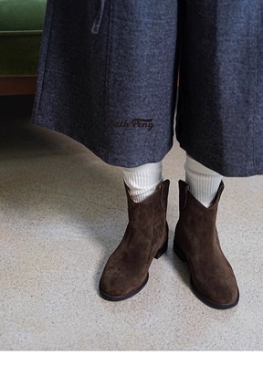 zachpeng真皮法式气质平头韩系小踝靴百搭瘦瘦靴平底切尔西小短靴