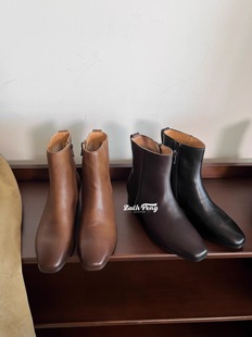 zachpeng真皮法式气质平头韩系小踝靴百搭瘦瘦靴平底切尔西小短靴