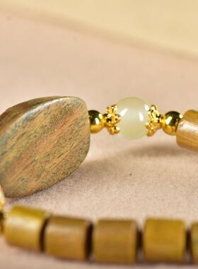 2026绿檀木直切桶珠手串diy六字真言转盘配饰民族复古风男女文玩