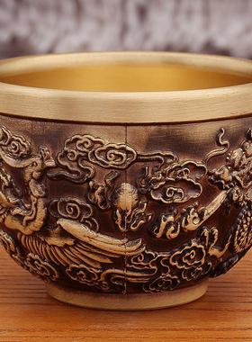 2026黄铜龙凤杯家居客厅桌面装饰复古做旧龙凤呈祥茶杯金属摆件工