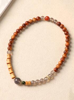 2026精选高油崖柏新中式烟灰玛瑙双圈佛珠手串木质文玩男女款檀木