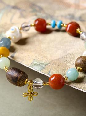 2026黄奇楠沉香木根付恶魔之泪白水晶蜜蜡珍珠多宝手串文玩木带宝