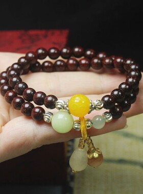 2026赞比亚金星紫檀0.6手串手链带春彩石头配饰 紫檀血檀文玩念珠