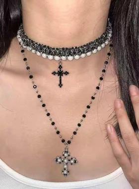2026冷淡风多层十字架叠戴串珠项链欧美跨境饰品小众高级感锁骨链